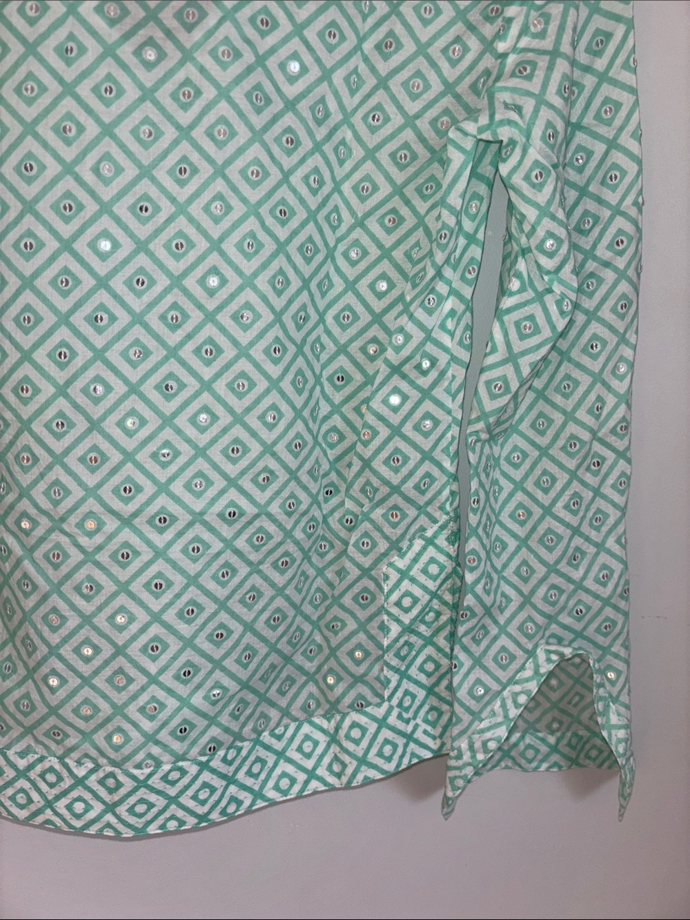 Tory Burch Mint Sequinned Geometric V-Neck Cotton Blouse - Picture 9 of 12